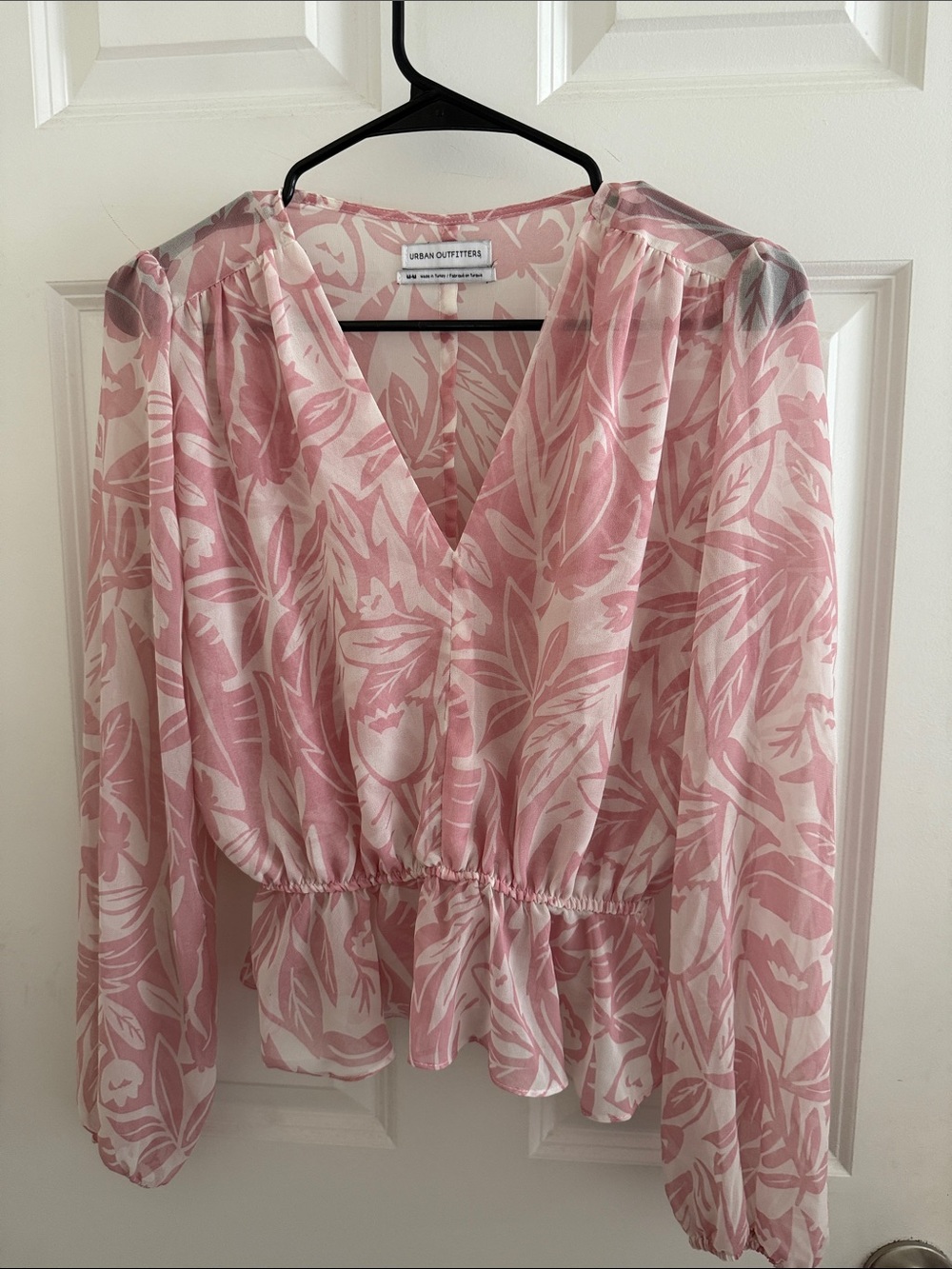 Urban Outfitters Pink Leaf-Print V-Neck Peplum Blouse